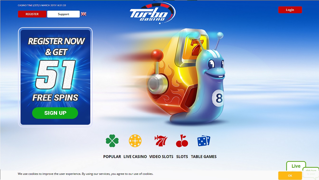 Turbo casino screenshot homepagina